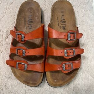 Plakton Planta Leather Sandals Orange | Size EU 42 | Triple Buckle Footbed | EUC